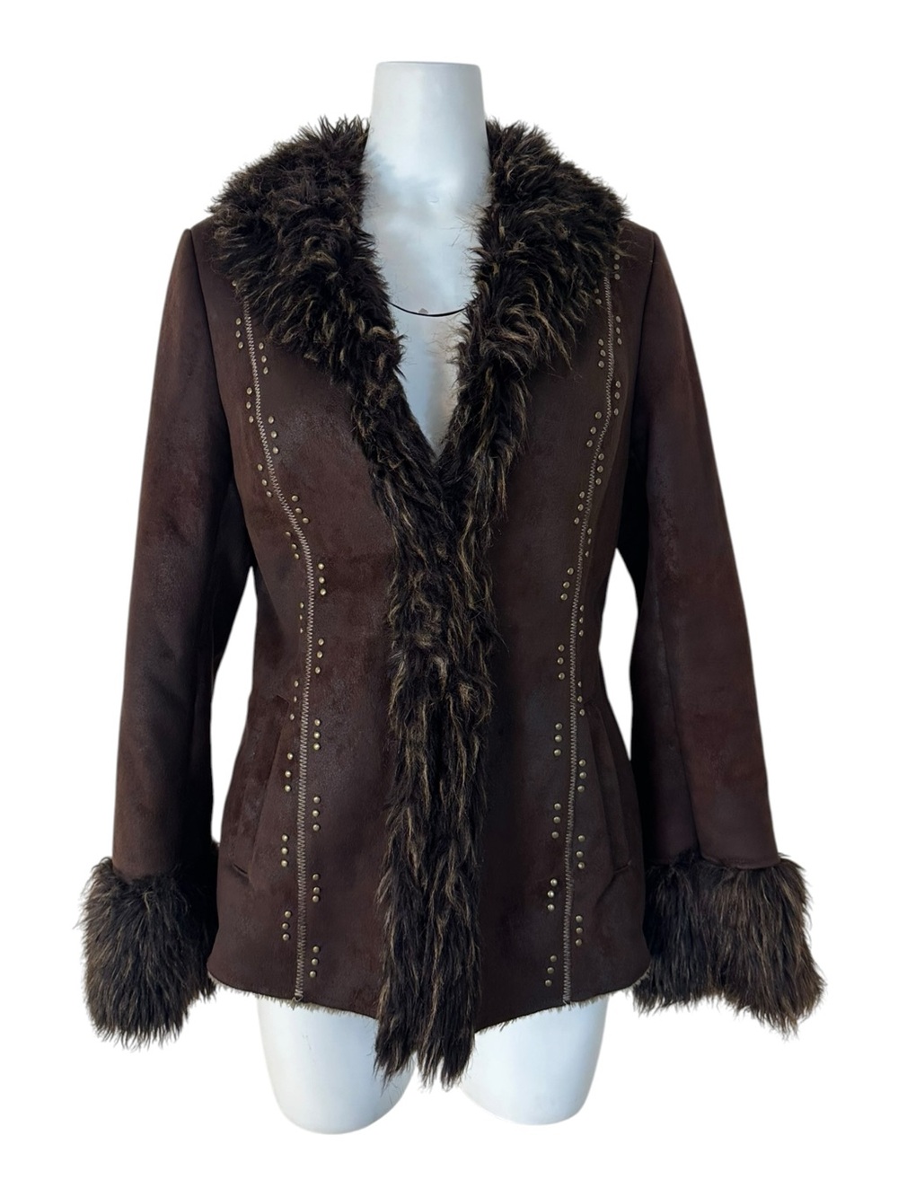 Powder River Outfitters Brown Faux Suede Fur Trim Studded Penny Lane Jacket M